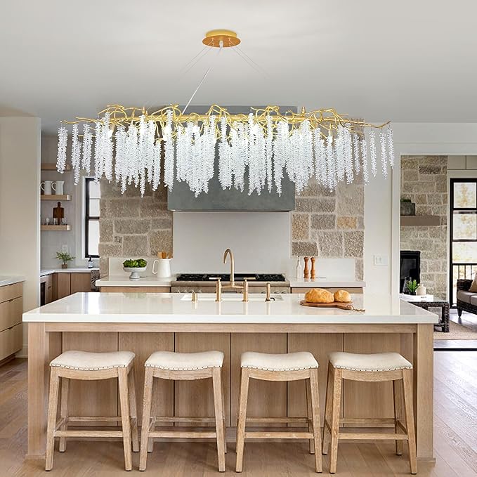 Crystal Tree Branch Chandelier L63 Inch Luxury Rectangular Crystal Raindrop Pendant Light 16 Lights Kitchen Island Hanging Light Fixture for Living Room Dining Room Foyer Entryway Gold