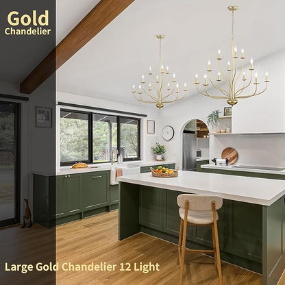 Gold Chandelier 12 Light, Large Painted Gold Light Fixture Modern Suspended Farmhouse Dining Table Candle Brass Chandelier Lighting for Bedroom Hallway Entryway Living Room Kitchen 34in Chandeliers