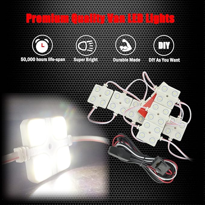 Ampper 12V 40 LEDs Interior Van Light Kits, LED Ceiling Lights with Simplified Harness Switch Fuse for Van RV Boats Caravans Trailers and More (10 Modules, White)