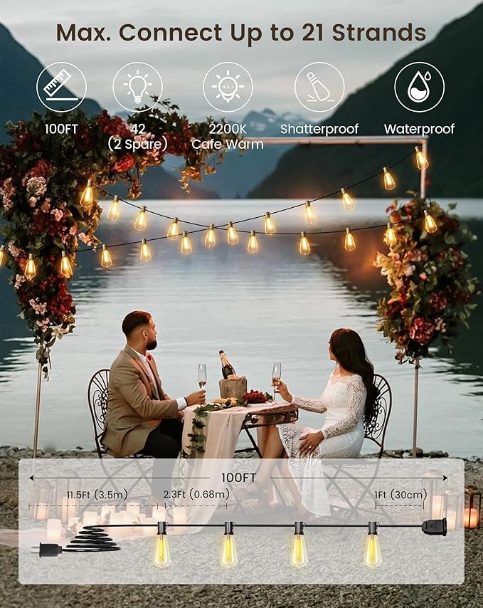 OHLUX Outdoor String Lights 100FT, Dimmable Patio Lights with 62 Shatterproof LED ST38 Vintage Edison Bulbs, 2200K Warm Connectable Hanging Lights for Outside Deck Porch Bistro Gazebos Balcony Garden