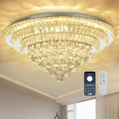COCOSTAR 30" Crystal Chandeliers, Flush Mount Chandelier LED Ceiling Light, Modern Crystal Raindrop Chandeliers for Dining Room, Living Room, Bedroom