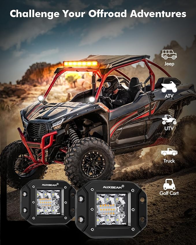 Auxbeam 6 Modes Amber White Series Flush Mount Strobe Lights 5 Inch 72W LED Pods Spot Flood Combo Flashing/Warning Multi-Function Offroad Lighting Bumper Grille Mount, Pair