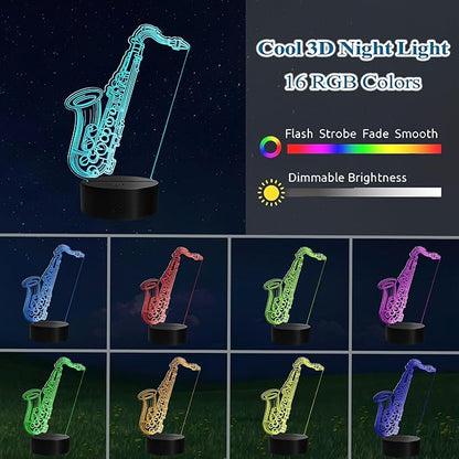 Saxophone Night Light, 3D Illusion Lamp with Remote Control, 16 RGB Colors, 4 Flashing Modes, Timer, Dimmable, Saxophone Accessories Toys Decor for Holiday Birthday Christmas