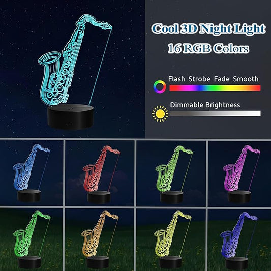 Saxophone Night Light, 3D Illusion Lamp with Remote Control, 16 RGB Colors, 4 Flashing Modes, Timer, Dimmable, Saxophone Accessories Toys Decor for Holiday Birthday Christmas