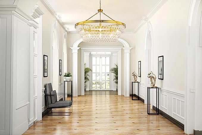 Wellmet 12 Light Large Crystal Chandelier, 38in Brass Gold Round Modern Luxury Raindrop Ceiling Light for Dining Room, Living Room， Bedroom, Kitchen, Entryway, Hallway, Staircase, Foyer