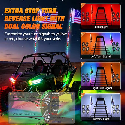 Nilight 2PCS 4FT RGB LED Whip Light with Spring Base and 8 PCS Rock Lights Combo, Remote App Control w/DIY Chasing Patterns Turn Signal Brake Reverse Antenna Lighted Whips for ATV UTV Polaris RZR Jeep