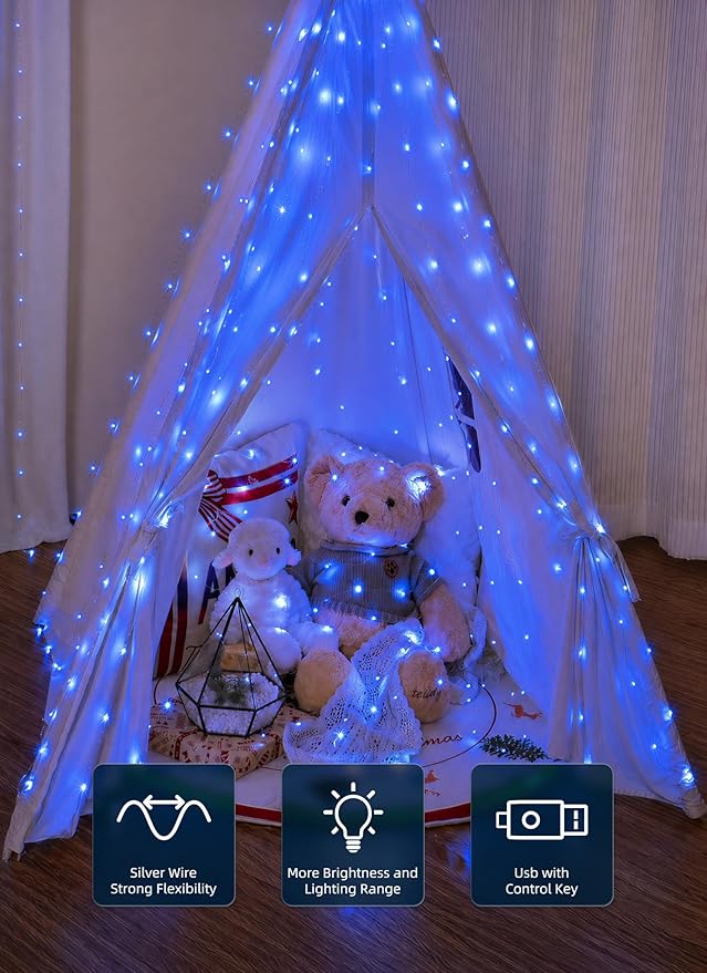 Brightown 300 LED Blue Fairy Curtain Lights, 9.8ft x 9.8ft String Lights, USB Plug in 8 Lighting Modes Christmas String Hanging Lights with Remote for Bedroom Indoor Outdoor Party Xmas Blue 1 Pack