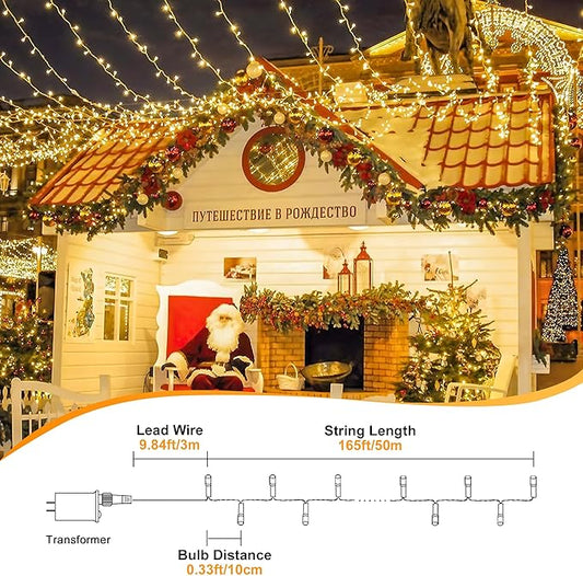 165 FT 500 LED Christmas Lights Outdoor Indoor, Plug in Warm White String Lights for Outside Waterproof, Connectable Clear Wire Twinkle Light for Christmas Tree Bedroom Classroom Party Decor