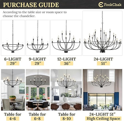 24 Light Black Chandelier 51'' Large Candle Chandeliers for High Ceiling Foyer Modern Farmhouse Chandelier Light Fixture for Large Living Room Dining Room Stairs Entry Restaurant Hotel