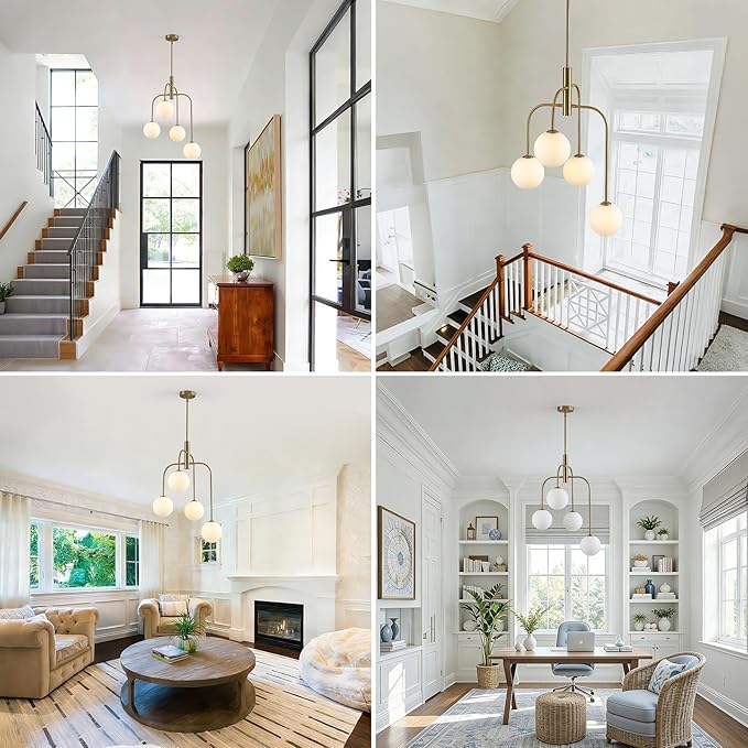 4-Light Mid Century Modern Chandelier Milk Glass Globe Chandelier Light Fixture Gold Sputnik Hanging Pendant Light for Dining Room Kitchen Island Entryway