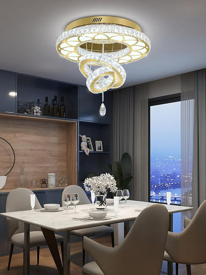 Flashing God Dia 24" Modern Crystal Chandelier for Living Room Gold Ceiling Chandelier Flush Mount Crystal Ceiling Light for Dining Room Bedroom Hallway