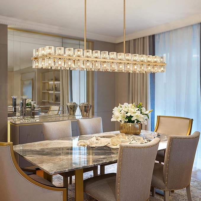 Crystal Gold Rectangular Chandelier for Dining Room, 54 in Light Fixture Dining Room Chandeliers Over Table, Modern Crystal Chandeliers Pendant Light for Kitchen Island, Living Room