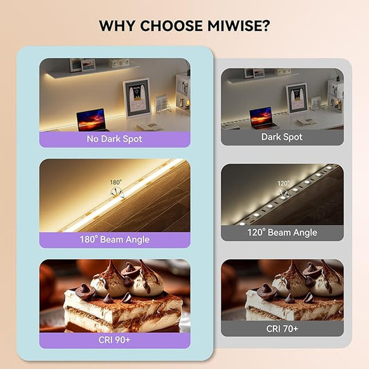 MIWISE COB LED Strip,2700K Warm White 32.8ft/10m,Dimmable Super Bright 24V LED Strip Light,CRI 90+ Flexible Tape Light with RF Remote Timer Function,for Shelf/Cabinet/Bedroom/TV DIY Lighting Project