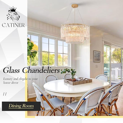 CATINER Modern Gold Chandeliers,20” Crystal Glass Pendant Ceiling Light Fixtures 7-Light Round Chandelier Luxury 2 Tiers Hanging Chandelier for Dining Room Foyer Living Room Bedroom