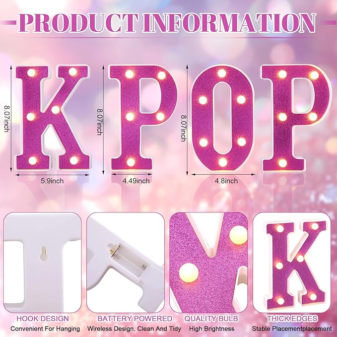 Purple KPOP Light Up Marquee Letters, Cordless Plastic LED Sign for K-Pop Room Decor, Wall Mountable Night Light for Teens Music Lovers Birthday Party Concert After-Party