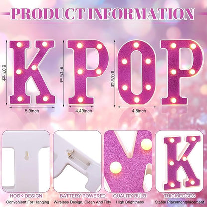 Purple KPOP Light Up Marquee Letters, Cordless Plastic LED Sign for K-Pop Room Decor, Wall Mountable Night Light for Teens Music Lovers Birthday Party Concert After-Party