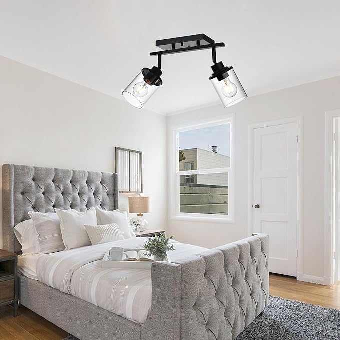 2 Light Track Lighting Kit, Black Bathroom Wall Lights with Clear Glass Shade, Ceiling Spot Lighting with Flexibly Rotatable Light Head for Kitchen Living Room Hallway