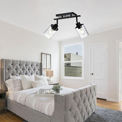2 Light Track Lighting Kit, Black Bathroom Wall Lights with Clear Glass Shade, Ceiling Spot Lighting with Flexibly Rotatable Light Head for Kitchen Living Room Hallway