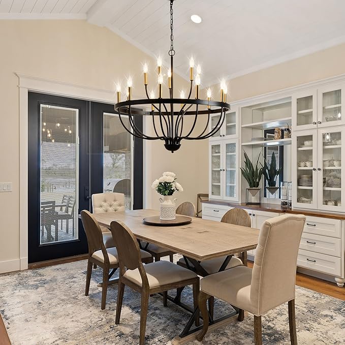 Modern Farmhouse Chandelier for Dining Room 15 Lights, Industrial Black and Gold Lighting Fixture, Candle Pendant Light for Kitchen Island High Ceilings Living Room Hallway Entryway Foyer