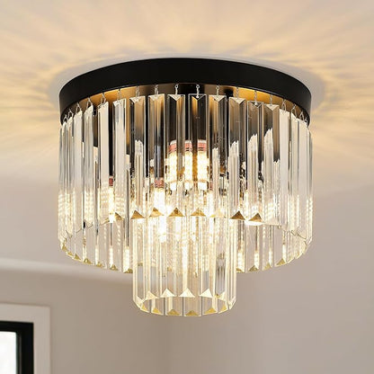 12.6" Black Crystal Ceiling Light 4-Light Modern Fixture 2-Tier Luxury K9 Crystal, for Dining Room Kitchen Island Living Room Bedroom