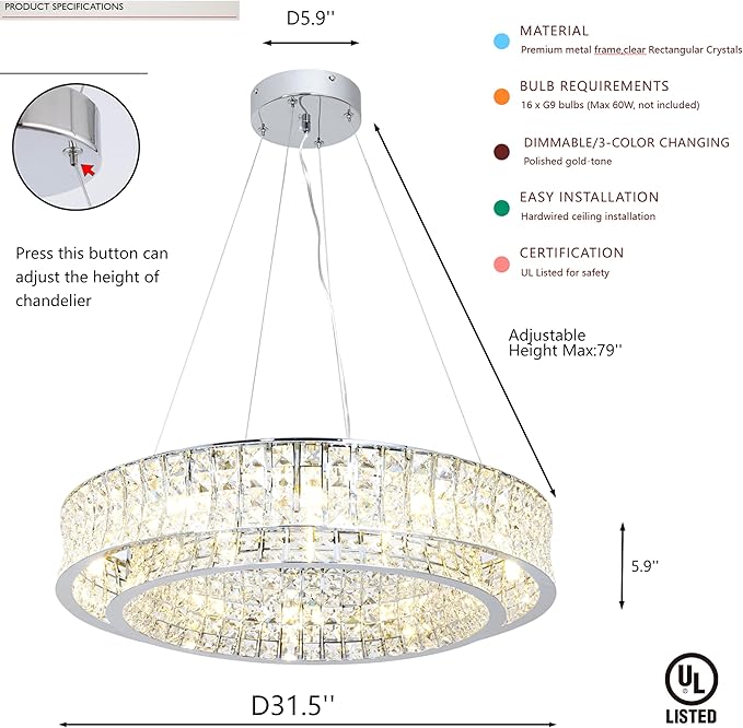Modern Crystal Chandelier Round 16-Light Contemporary Hanging Ceiling Light Fixture Chrome Finish with Clear Rectangular Crystals Dining Room Living Room Bedroom Entryway Lighting Easy Install 31.5''