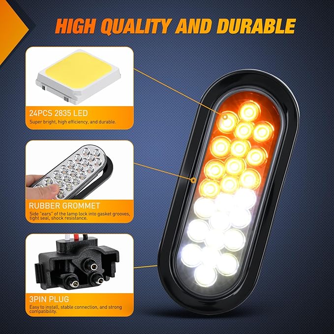 Nilight Strobe Light 2PCS 6Inch Oval 24 LED Amber White Recessed Rubber Grommet Marker Clearance Road Flare Emergency Warning Lights IP67 Waterproof for Trailer Truck Pickup Camper RV Boat
