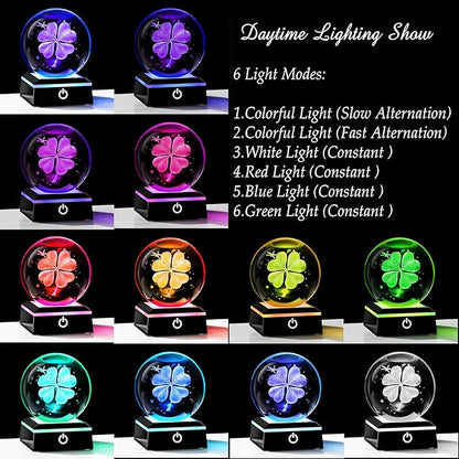 Qianwei 3D Four Leaf Clover 80mm Crystal Ball Good Luck Gifts Ideas with Multicolor Lighting Base - Irish Gifts for Women Decor 4 Leaf Clover