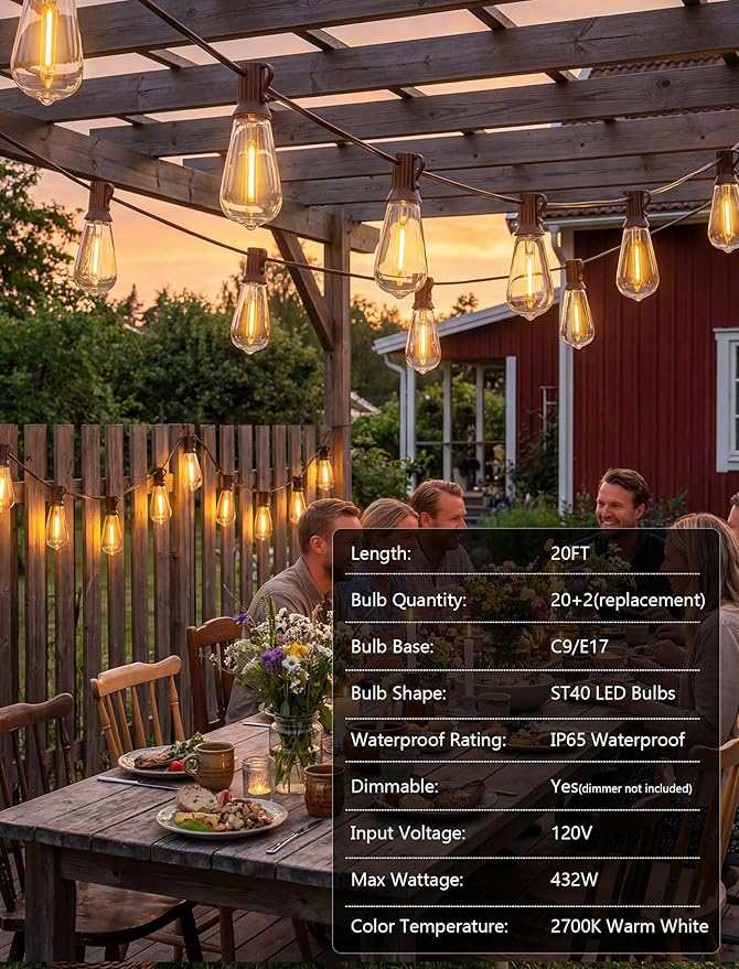 20FT ST40 LED Outdoor String Lights, Vintage Edison Patio Lights with 22 Shatterproof Bulbs, Waterproof Hanging Outdoor Lights for Backyard Porch Deck Bistro Garden, Warm White 2700K, Brown Wire