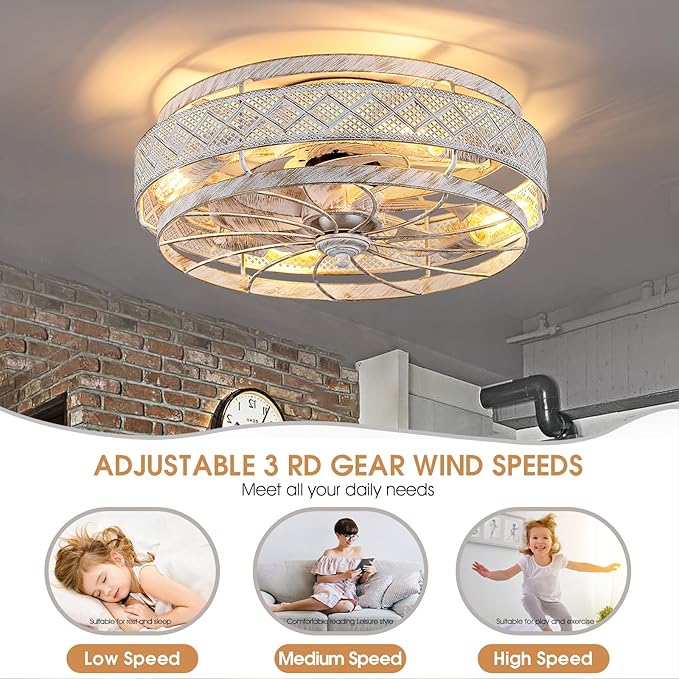 SHIHOT 18 Inch Low Profile Caged Ceiling Fans with Lights Remote Control, White Flush Mount Ceiling Fan, Small Bladeless Ceiling Fan Light Fixture For Bedroom, Kitchen, Reversible(Bulbs not Included)