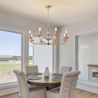Pink Chandeliers for Dining Room Light Fixture Over Table,Brass Gold Art Deco Chandelier, Modern Vintage Chandelier with Ceramic,Farmhouse Chandelier for Girls Bedroom, Living Room, Foyer
