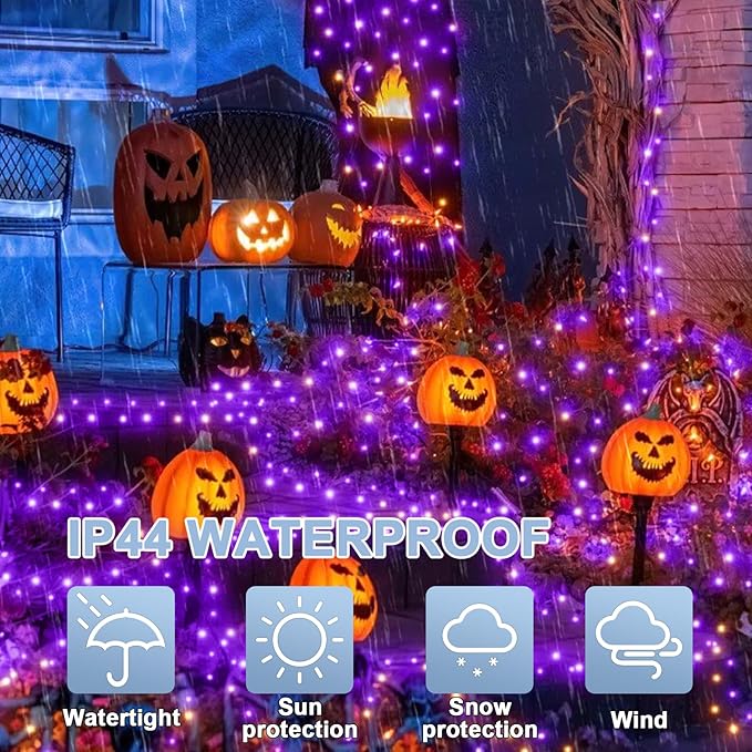 LAMPHOME 99ft 300LED Light Purple String Lights, Clear Wire 16 Modes LED Halloween Lights, Waterproof Indoor Outdoor Purple Christmas Lights Plug in, Halloween Bedroom Garden Party Decor