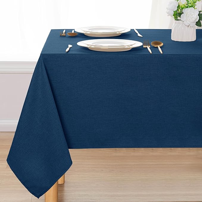 DWCN Rectangle Faux Linen Tablecloth - Waterproof Spill-Proof Wrinkle and Stain Resistant Table Cloth Washable Decorative Farmhouse Table Cover for Kitchen Dining Party, 60 x 120 Inch, Navy Blue