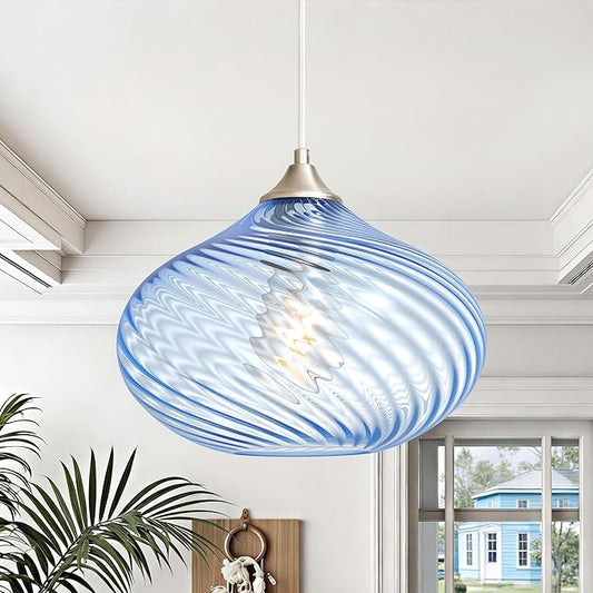 Glass Pendant Lights Kitchen Island, 11'' Brushed Nickel Pendant Lighting Fixtures, Modern Hanging Ceiling Light with Striped Blue Glass Shade for Farmhouse Dining Room Bedroom Hallway(1 Pack)