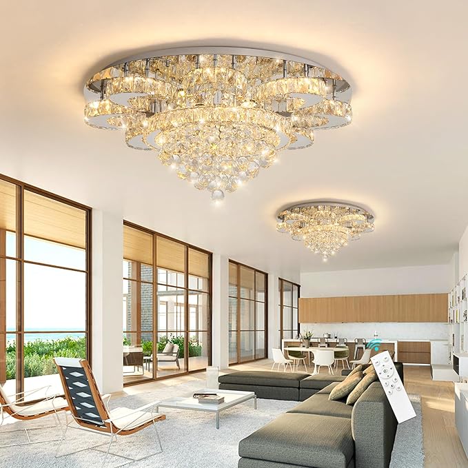 HAIXIANG Modern Chandelier Living Room Glam Chandeliers Ceiling Light Fixture Remote Dimmable Lights 32 Inches Luxury Crystal Silver Light