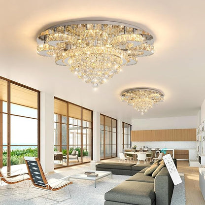HAIXIANG Modern Chandelier Living Room Glam Chandeliers Ceiling Light Fixture Remote Dimmable Lights 32 Inches Luxury Crystal Silver Light