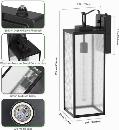 DORESshop 18 Inch Large Size Dusk to Dawn Outdoor Wall Lights, Matte Black Waterproof Anti-Rust Outdoor Light Fixtures Wall Mount with Water Ripple Glass Shade for Porch, with T30 Light Bulbs, 2 Pack