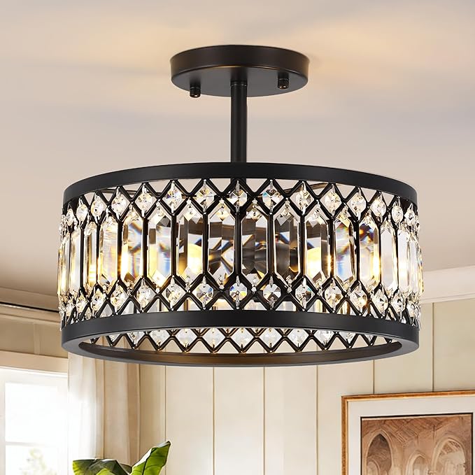 CNRATYE 12.6" Crystal Semi Flush Mount Ceiling Light Fixture, 3-Light Antique Black Hallway Light Fixtures, Round Chandelier for Bathroom Entryway Closet Bedroom Kitchen Dining Room