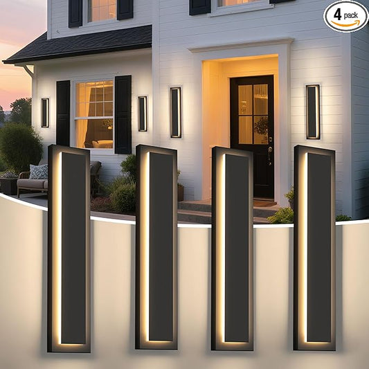 𝟐𝟒 𝐈𝐍 Long Black Outdoor Wall Light Exterior Light for House, Front Porch Light Fixture 𝟒 𝐏𝐚𝐜𝐤s, 24W Modern LED Outdoor Wall Sconce, Waterproof Outside Garage Light, 3000K Warm White