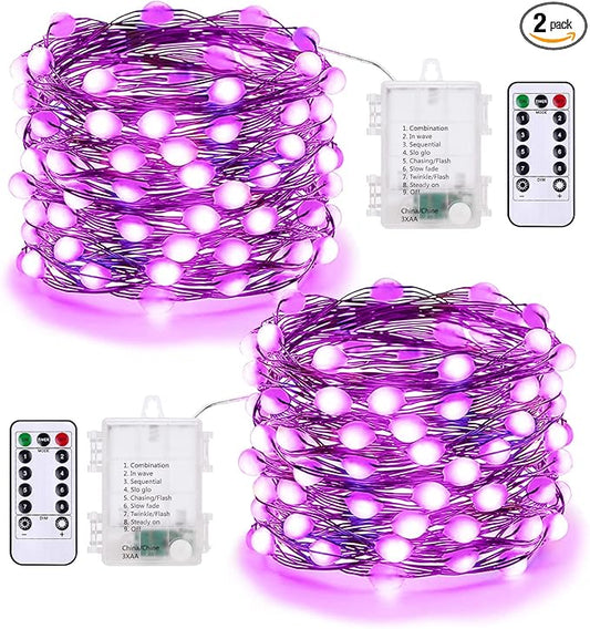BrizLabs Purple Halloween Lights, 2 Pack 17.48ft 50 LED Purple Fairy Lights with Remote, 8 Modes Battery Operated Halloween Light Indoor Outdoor Twinkle Light for DIY Christmas Party Home Tree Decor