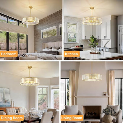 YURNYQ Glod Crystal Ceiling Light Fixture, Modern Semi Flush Chandelier, Round Hanging Lighting Chandeliers for Dining Room, Kitchen, Bedroom, 6-Light, 19.68 Inch