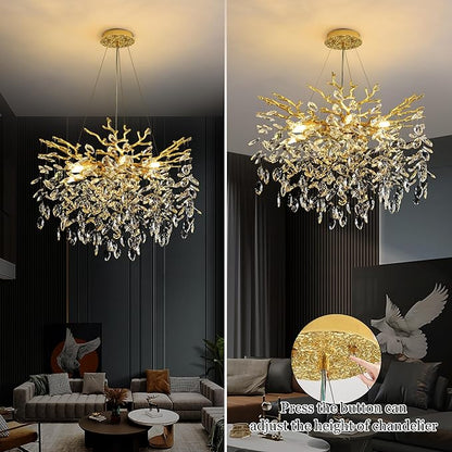 Tree Branch Chandelier Modern Crystal Pendant Light, Luxury Gold Art Deco Raindrop Lighting Fixture for Dining Room Bedroom Living Room 6 Lights D18''
