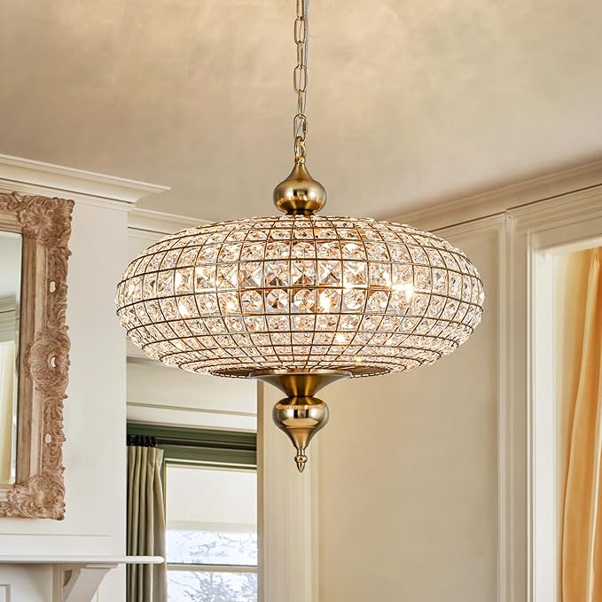 20.5" Antique Brass Crystal Chandelier, Large Farmhouse Dining Room Light Fixture, 5-Light Vintage Crystal Hanging Chandelier for High Ceiling Living Room Kitchen Island