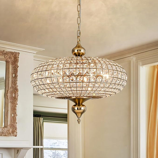 20.5" Antique Brass Crystal Chandelier, Large Farmhouse Dining Room Light Fixture, 5-Light Vintage Crystal Hanging Chandelier for High Ceiling Living Room Kitchen Island