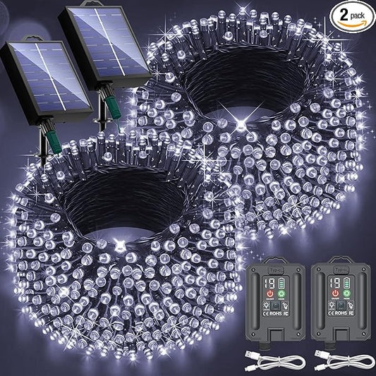 New Upgraded Solar Christmas String Lights Outdoor Waterproof 2 Pack Total 144ft 400 Led Solar & USB Rechargeable 19 Mode Solar Power Fairy Lights for Outside Yard Patio Garden Party Xmas Decor, White