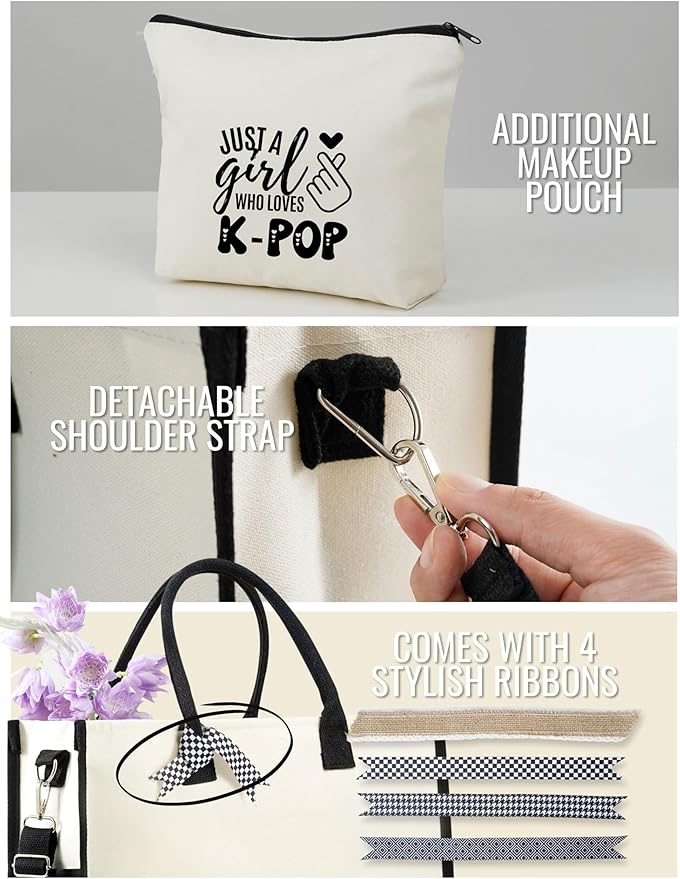 InnoBeta Kpop Gifts Canvas Tote Bag, Kpop Gifts for Teen Girl Kpop Lovers, Kpop Merch Stuff, Koren Tote Bag with Top Zipper Closure and Shoulder Strap for Birthday, Christmas