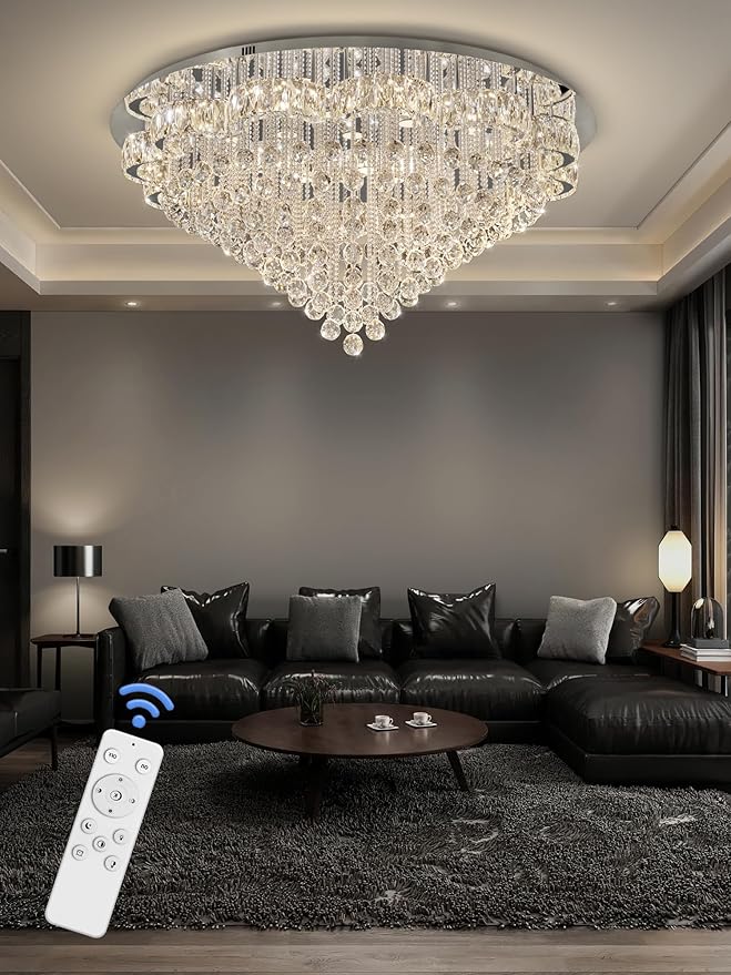 Flashing God 48inches Chrome Crystal Chanderliers for Living Room Entryway Modern Crystal Folwer Ceiling Light for Foyer Interior LED Dimmable Lighting 2700k 4500k 6000k