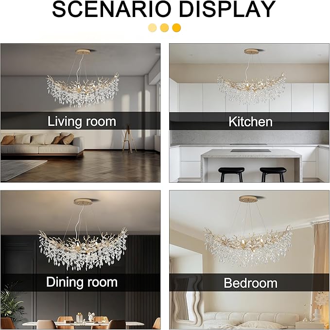 Modern Crystal Tree Branches Chandelier, 47.5in Gold 12 Lights Large Ceiling Hanging Light for Dining Room, Arc Raindrop Pendant Light Fixture
