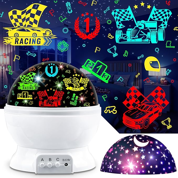 Kids Night Light Projector for Boys, Race Car & Star Dual Cover Projector Lamp, 360° Rotating Ceiling Light, Race Car Night Light for Bedroom, Birthday Gifts for Boys Age 3-7
