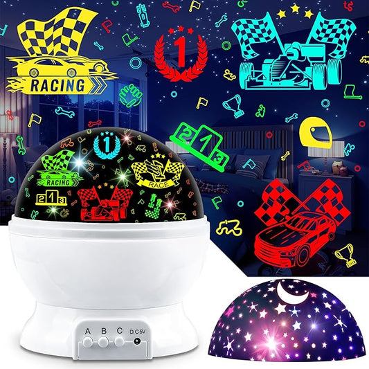 Kids Night Light Projector for Boys, Race Car & Star Dual Cover Projector Lamp, 360° Rotating Ceiling Light, Race Car Night Light for Bedroom, Birthday Gifts for Boys Age 3-7