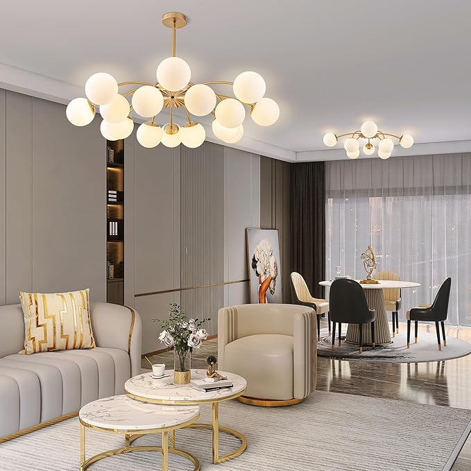 Longree 16-Light Gold and White Sputnik Chandeliers with Blossom Accent Milk Glass Bubble Pendant Light Fixture, Mid Century Starburst Lighting Frosted Glass Ceiling Lights for Dining Living